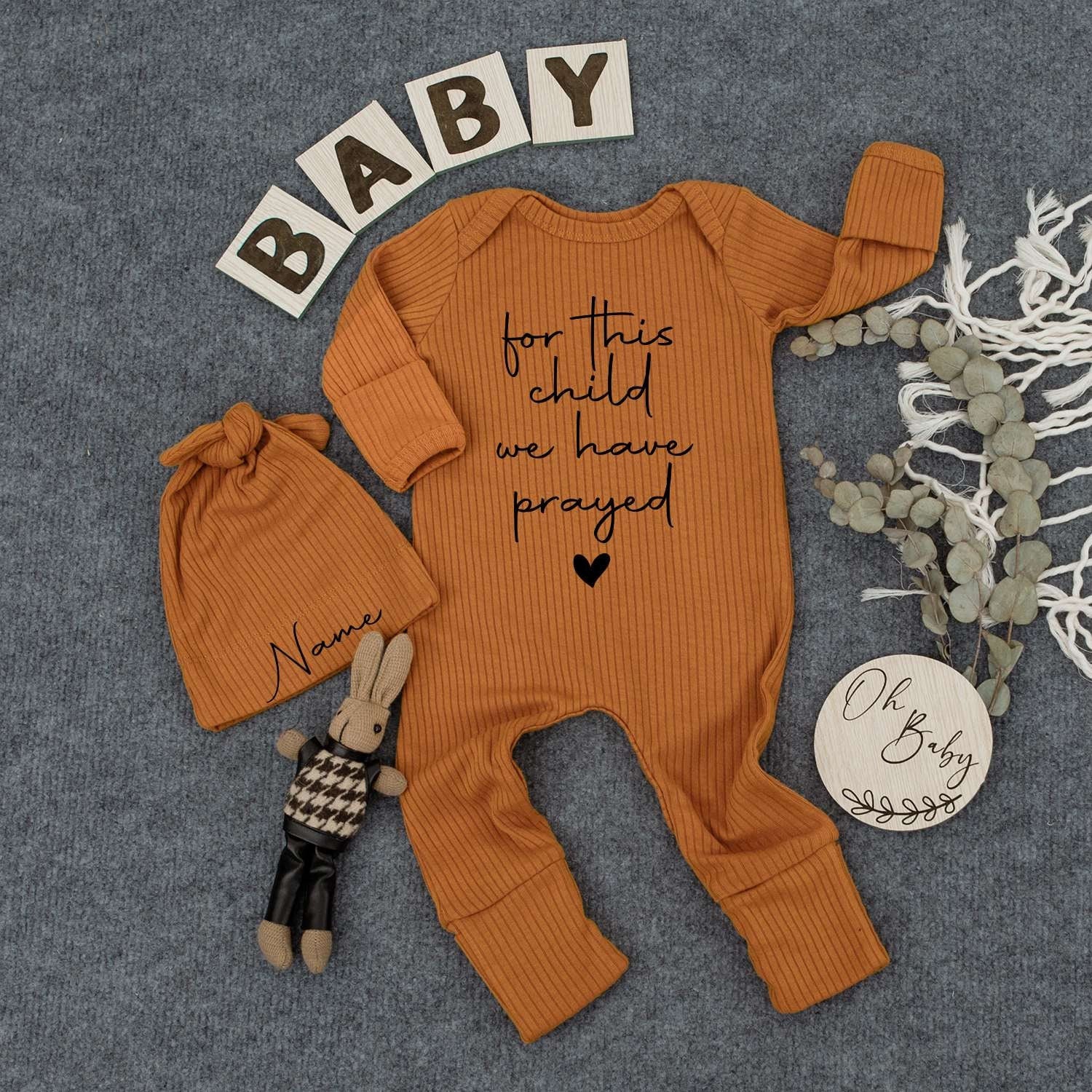 Prayed For Baby Bodysuit & Hat Set, Custom Name Outfit, Newborn Infant Gift, Minimalist Christian Baby Clothes, Pregnancy Reveal Coming Home Outfit 139