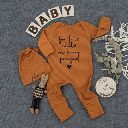 Prayed For Baby Bodysuit & Hat Set, Custom Name Outfit, Newborn Infant Gift, Minimalist Christian Baby Clothes, Pregnancy Reveal Coming Home Outfit 139