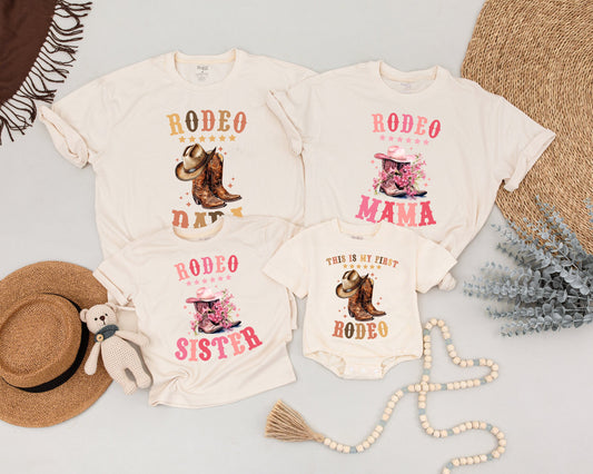 First Rodeo Birthday Matching Family Shirts: Retro Western Cowboy Outfit for Boy or Girl, Pink Boots and Hat, Vintage Rodeo Star Celebration (138)