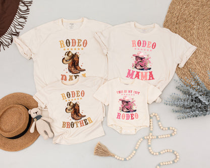 First Rodeo Birthday Matching Family Shirts: Retro Western Cowboy Outfit for Boy or Girl, Pink Boots and Hat, Vintage Rodeo Star Celebration (138)