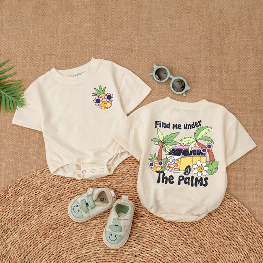 Find Me Under The Palms Bubble Romper Baby Girl Summer Boho Outfit with Smiling Flower Faces Soft Comfortable New Baby Gift