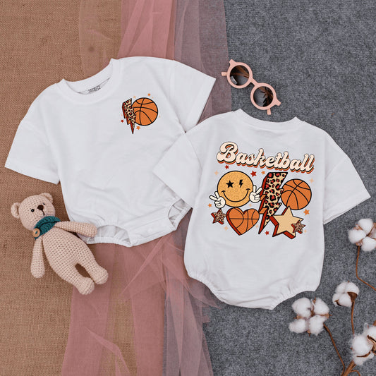 Retro Basketball Baby Romper Short Sleeve, Game Day Star Outfit with Lightning Bolt, Basketballs & Smiley Face, Soft Cotton Infant Clothes 138
