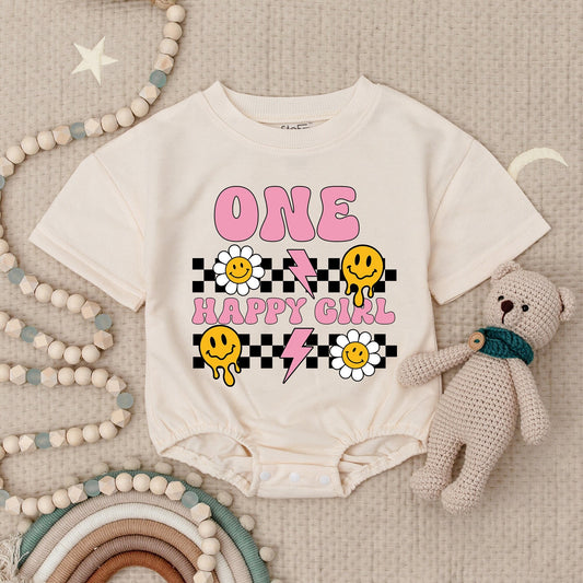 One Happy Girl Baby Romper Retro Smiley Face 1st Birthday Outfit Vintage Smile Birthday Gift Toddler Clothes