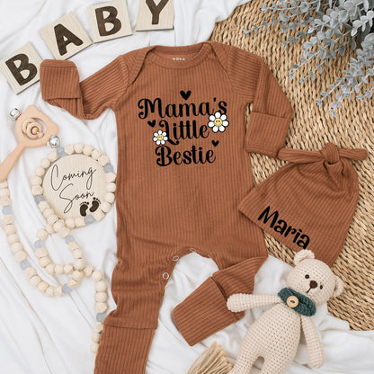 Mama's Little Bestie Bodysuit Set - Cute Baby Clothes, Retro Boho Style with Smiley Daisies and Hearts, Perfect Newborn Romper & Baby Shower Gift 137 chars