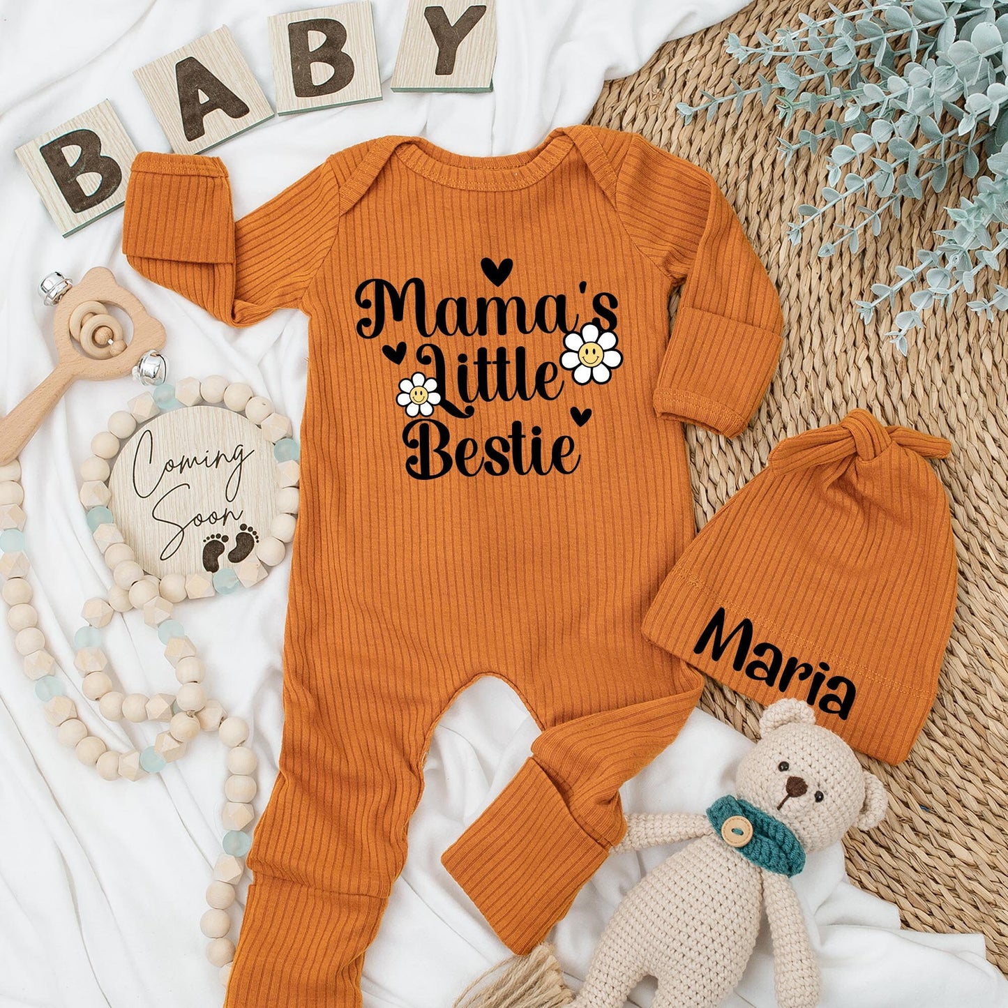 Mama's Little Bestie Bodysuit Set - Cute Baby Clothes, Retro Boho Style with Smiley Daisies and Hearts, Perfect Newborn Romper & Baby Shower Gift 137 chars