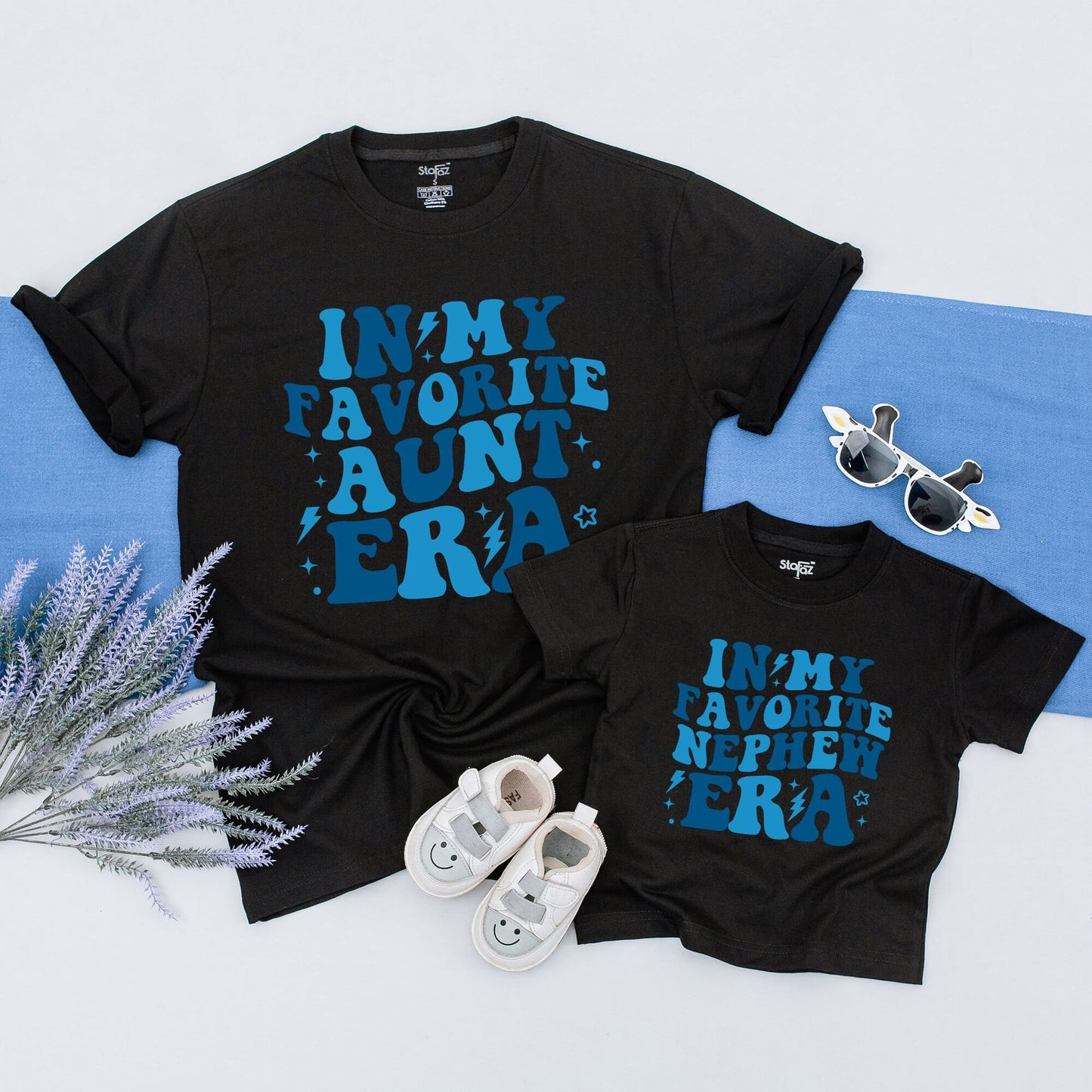 Matching Aunt & Nephew Era Shirts, Blue Stacked Text Design, Cool Aunt Gift for Baby Boy, Comfy Cotton