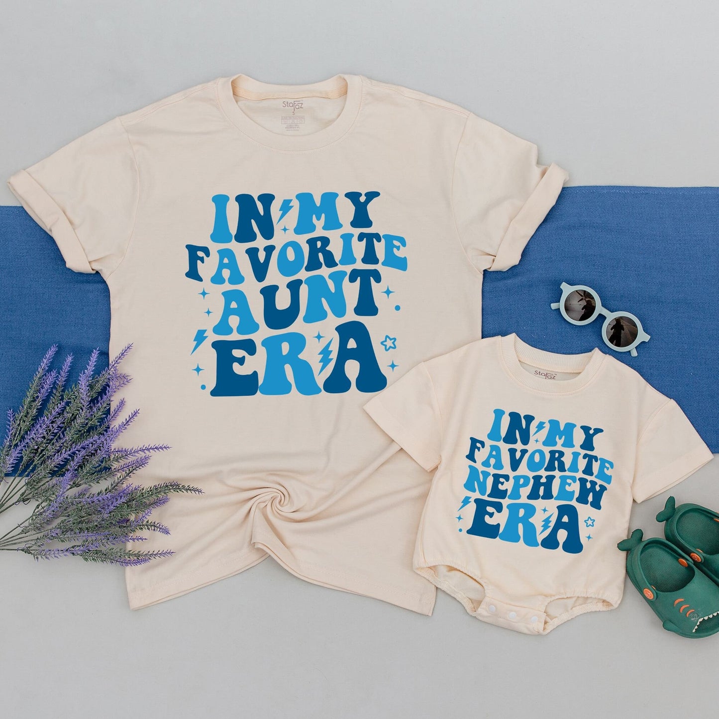 Matching Aunt & Nephew Era Shirts, Blue Stacked Text Design, Cool Aunt Gift for Baby Boy, Comfy Cotton
