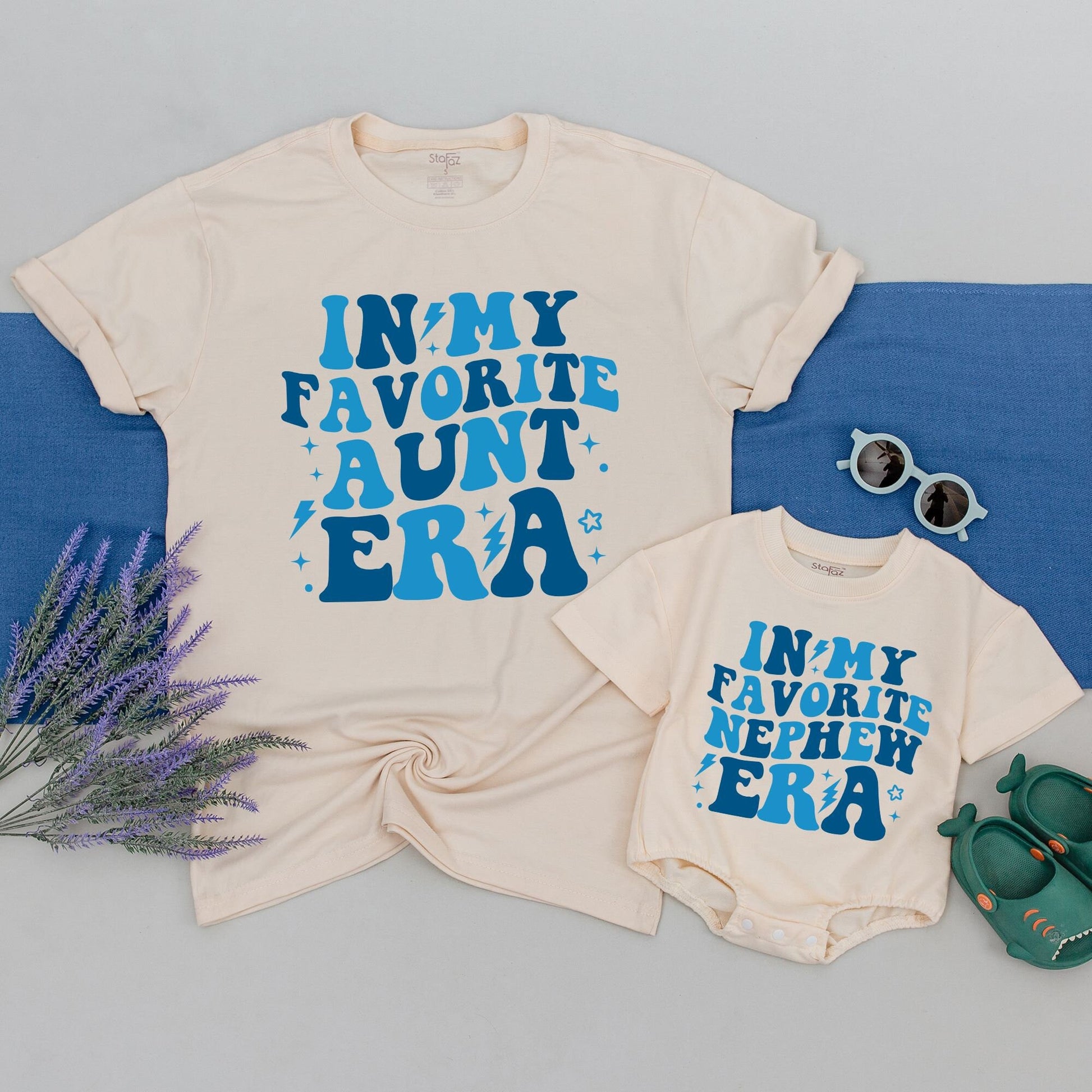 Matching Aunt & Nephew Era Shirts, Blue Stacked Text Design, Cool Aunt Gift for Baby Boy, Comfy Cotton