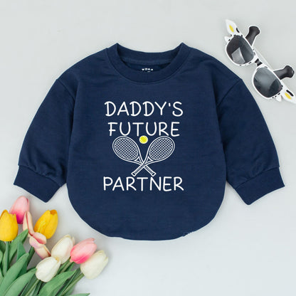 Daddy's Future Tennis Partner Baby Romper Bodysuit for infants, adorable sports outfit with rackets & ball, perfect First Father's Day gift or Baby Shower