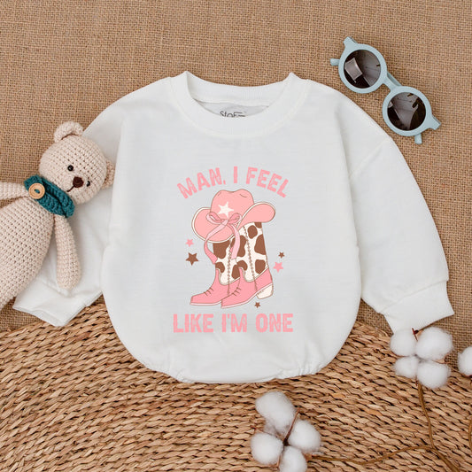 Man I Feel Like I'm One Baby Girl Western Cowgirl Bubble Romper First Birthday Outfit My First Rodeo Celebration Bodysuit