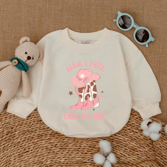 Man I Feel Like I'm One Baby Girl Western Cowgirl Bubble Romper First Birthday Outfit My First Rodeo Celebration Bodysuit