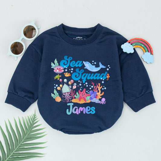 Personalized Sea Squad Romper: Custom Name Undersea Birthday Outfit for Baby, Cute Aquarium Party Bodysuit, First Birthday, Smash Cake, Ocean Theme 139
