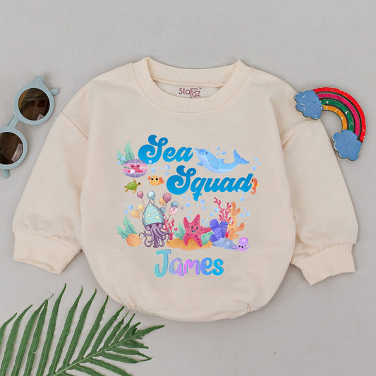 Personalized Sea Squad Romper: Custom Name Undersea Birthday Outfit for Baby, Cute Aquarium Party Bodysuit, First Birthday, Smash Cake, Ocean Theme 139
