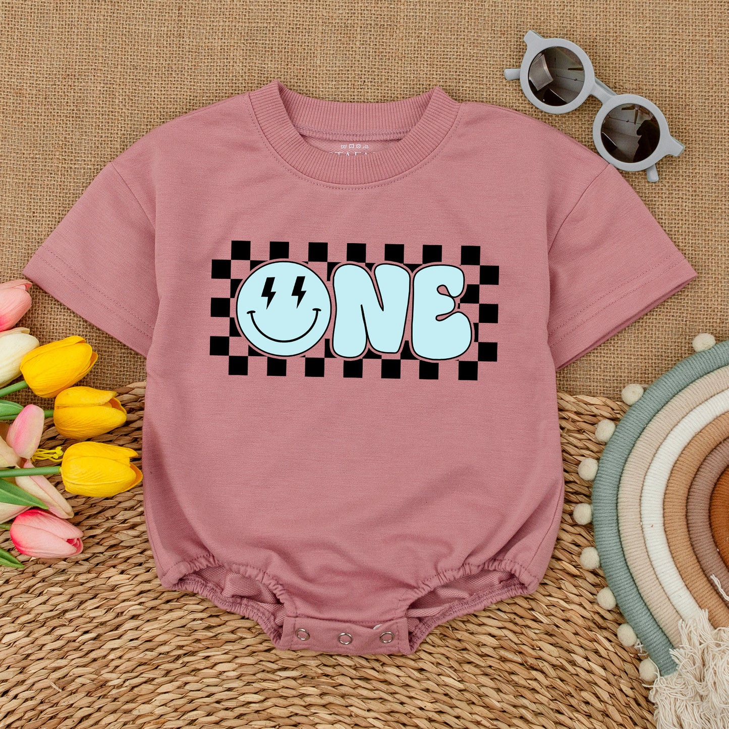 Blue One Happy Dude Romper Smiley Face Baby Boy First Birthday Outfit Matching Family Celebration Retro Checkerboard Cake Smash