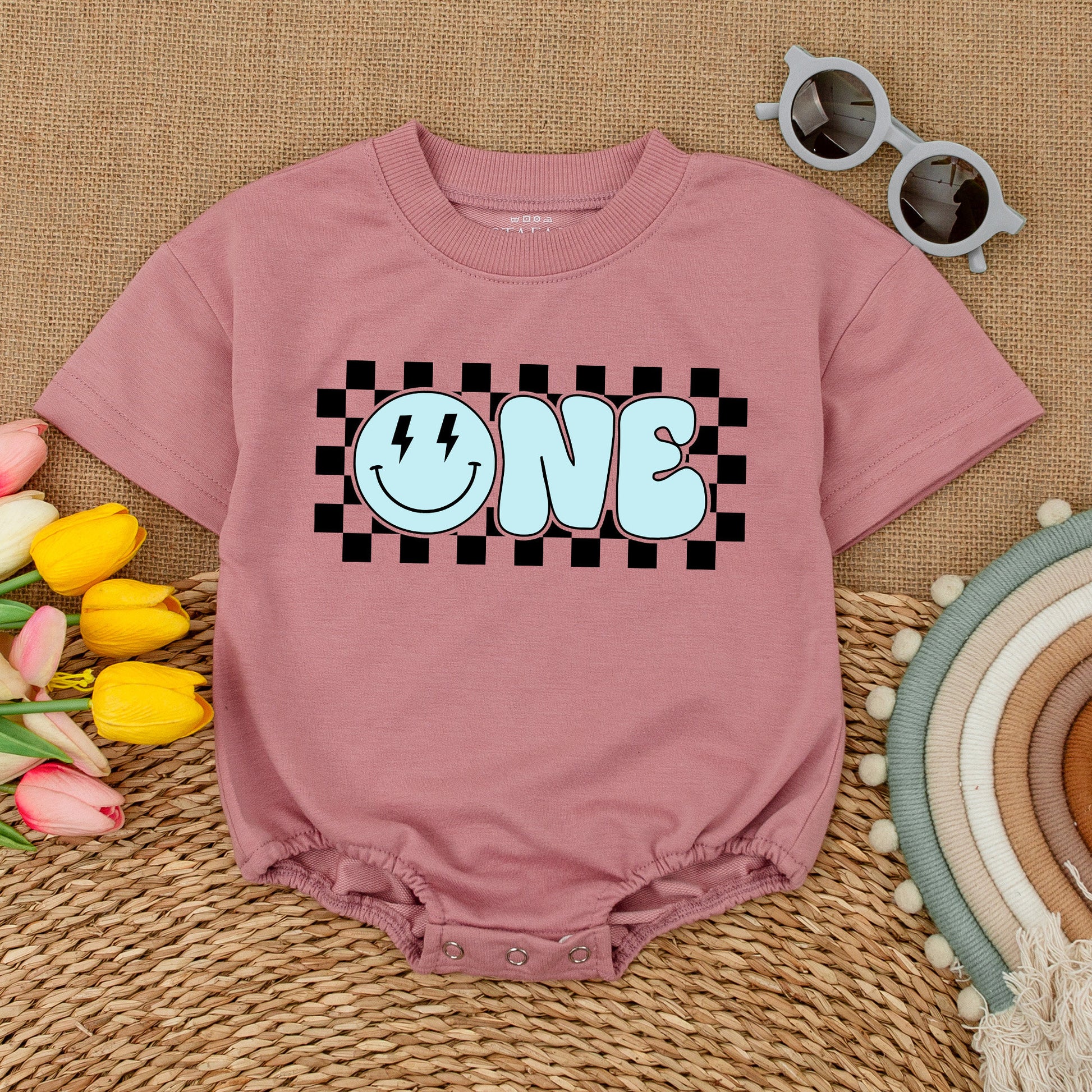 Blue One Happy Dude Romper Smiley Face Baby Boy First Birthday Outfit Matching Family Celebration Retro Checkerboard Cake Smash