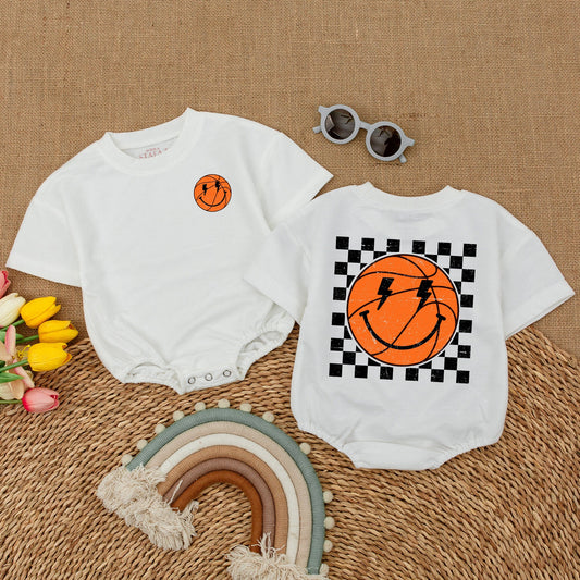 Retro Smile Face Basketball Baby Romper Game Day Bodysuit Orange Black Distressed Checkered Vintage Bubble Romper Shower Gift