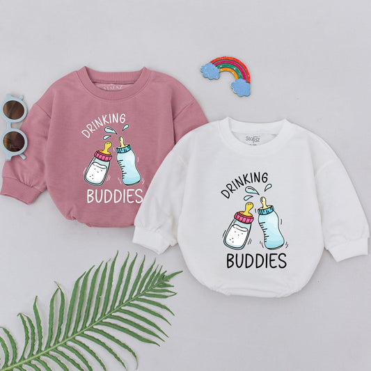 Cute Twins Outfits, Drinking Buddies Twin Onesies with Pink Blue Clinking Bottles, Newborn Twin Outfits