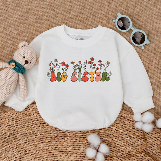 Big Sister Floral Romper Baby Girl Outfit Pregnancy Announcement Gift Big Sis Bubble Bodysuit Wildflower Baby Shower Present