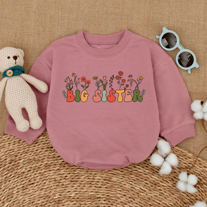 Big Sister Floral Romper Baby Girl Outfit Pregnancy Announcement Gift Big Sis Bubble Bodysuit Wildflower Baby Shower Present