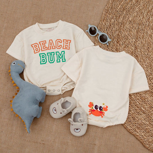 Beach Bum Baby Girl Bubble Romper Orange Green Collegiate Font Summer Outfit Baby Shower Gift