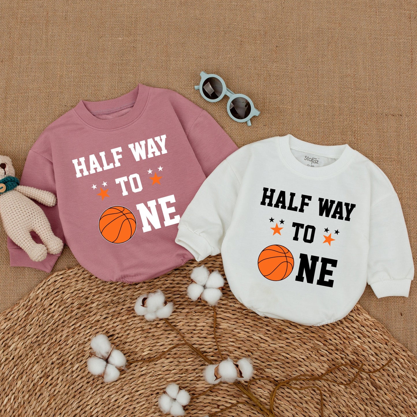 Half Way to One Basketball Romper, 6 Months Birthday Outfit for Baby Boy with Custom Name, Sports Theme, Playful 1/2 Design