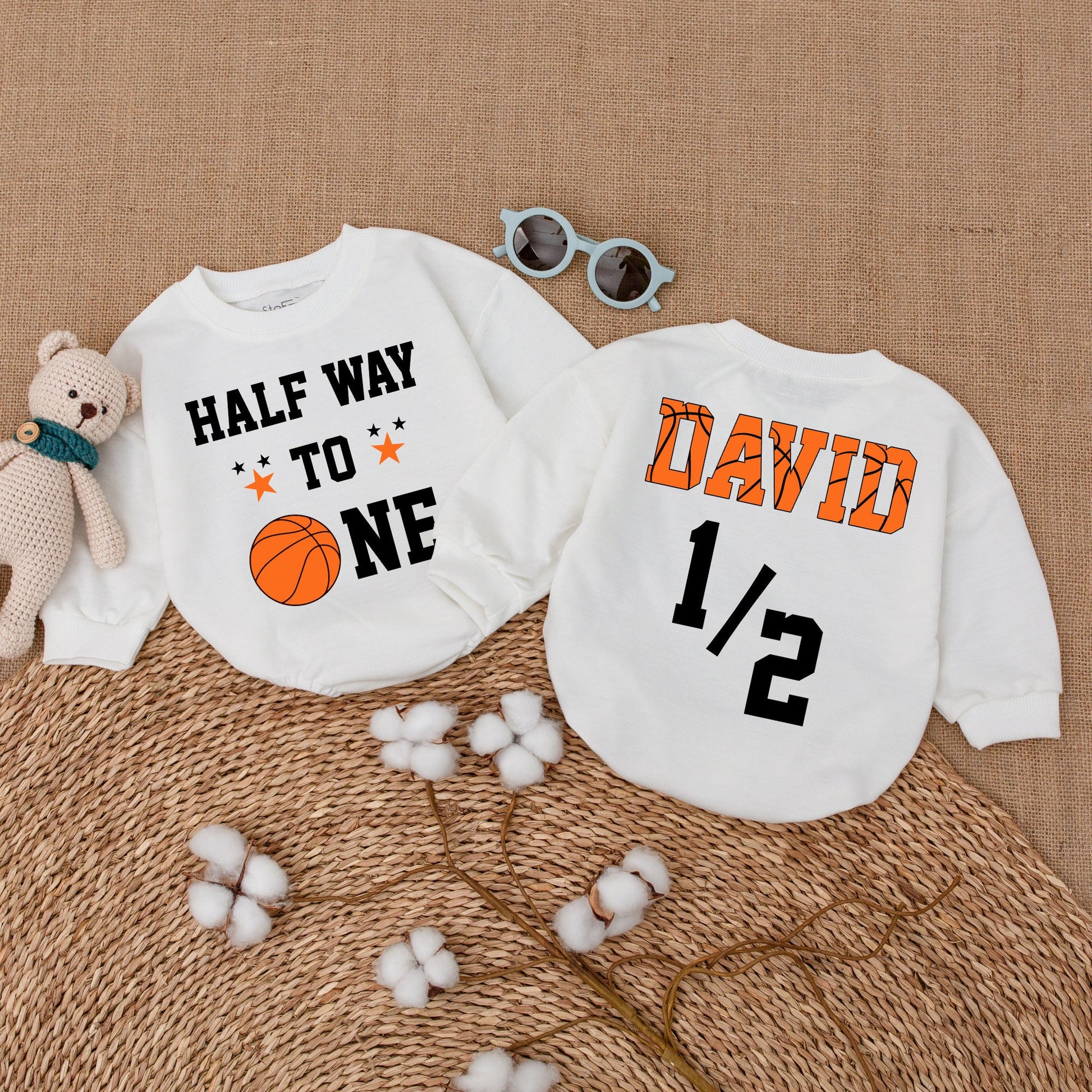 Half Way to One Basketball Romper, 6 Months Birthday Outfit for Baby Boy with Custom Name, Sports Theme, Playful 1/2 Design