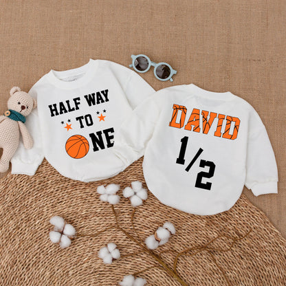 Half Way to One Basketball Romper, 6 Months Birthday Outfit for Baby Boy with Custom Name, Sports Theme, Playful 1/2 Design