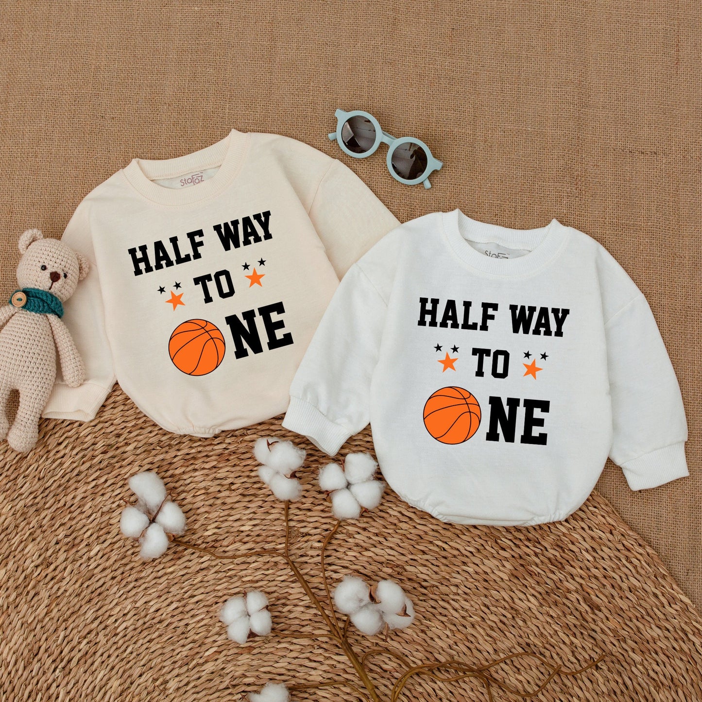 Half Way to One Basketball Romper, 6 Months Birthday Outfit for Baby Boy with Custom Name, Sports Theme, Playful 1/2 Design