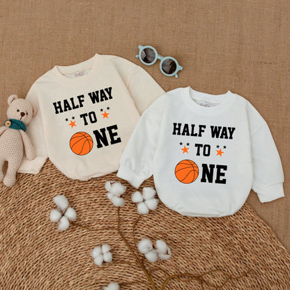 Half Way to One Basketball Romper, 6 Months Birthday Outfit for Baby Boy with Custom Name, Sports Theme, Playful 1/2 Design