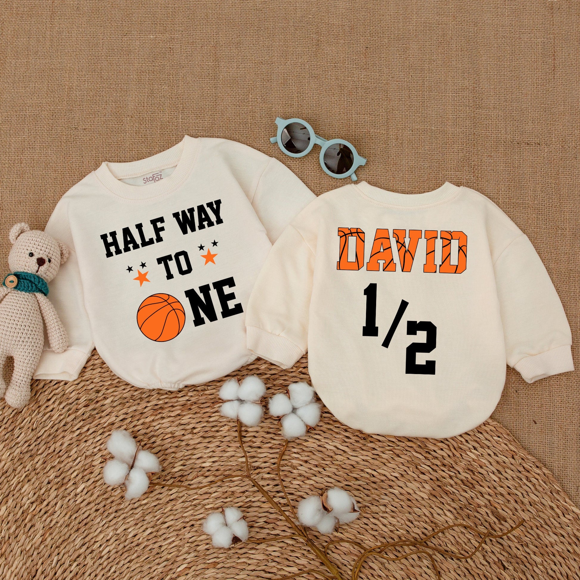 Half Way to One Basketball Romper, 6 Months Birthday Outfit for Baby Boy with Custom Name, Sports Theme, Playful 1/2 Design