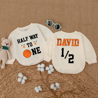 Half Way to One Basketball Romper, 6 Months Birthday Outfit for Baby Boy with Custom Name, Sports Theme, Playful 1/2 Design
