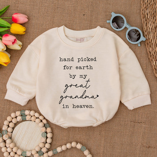 Hand Picked For Earth By Great Grandma In Heaven Romper Newborn Bodysuit Grandbaby Coming Home Outfit Sweet Black Text Baby Announcement Shower Gift