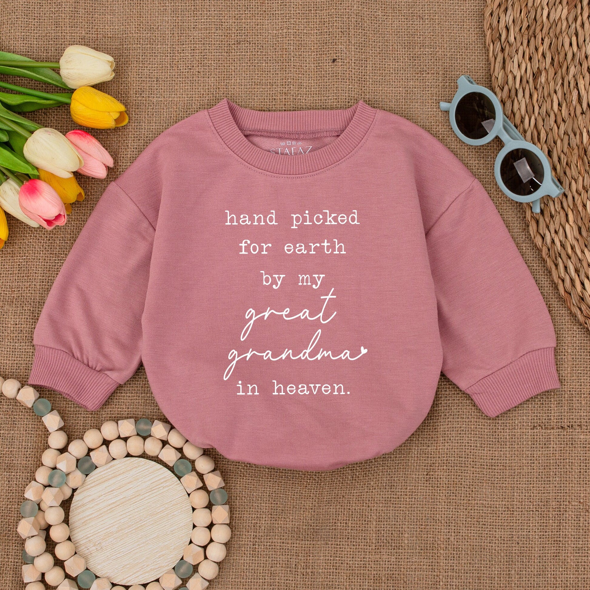 Hand Picked For Earth By Great Grandma In Heaven Romper Newborn Bodysuit Grandbaby Coming Home Outfit Sweet Black Text Baby Announcement Shower Gift