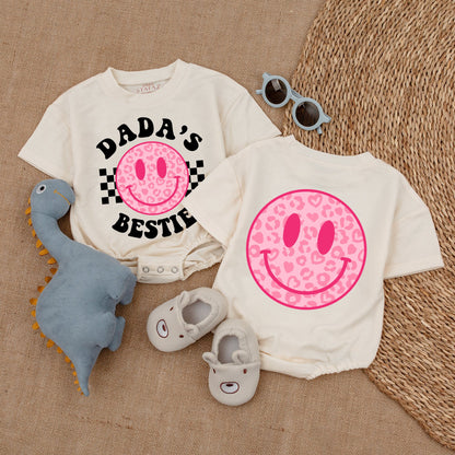 Dada's Bestie Baby Girl Romper with Pink Heart Smiley Face, Black Checkered Design, Daddy's Girl Outfit, Gift