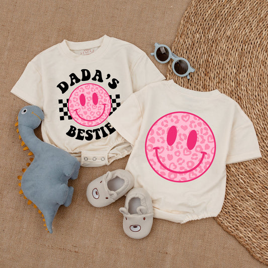 Dada's Bestie Baby Girl Romper with Pink Heart Smiley Face, Black Checkered Design, Daddy's Girl Outfit, Gift