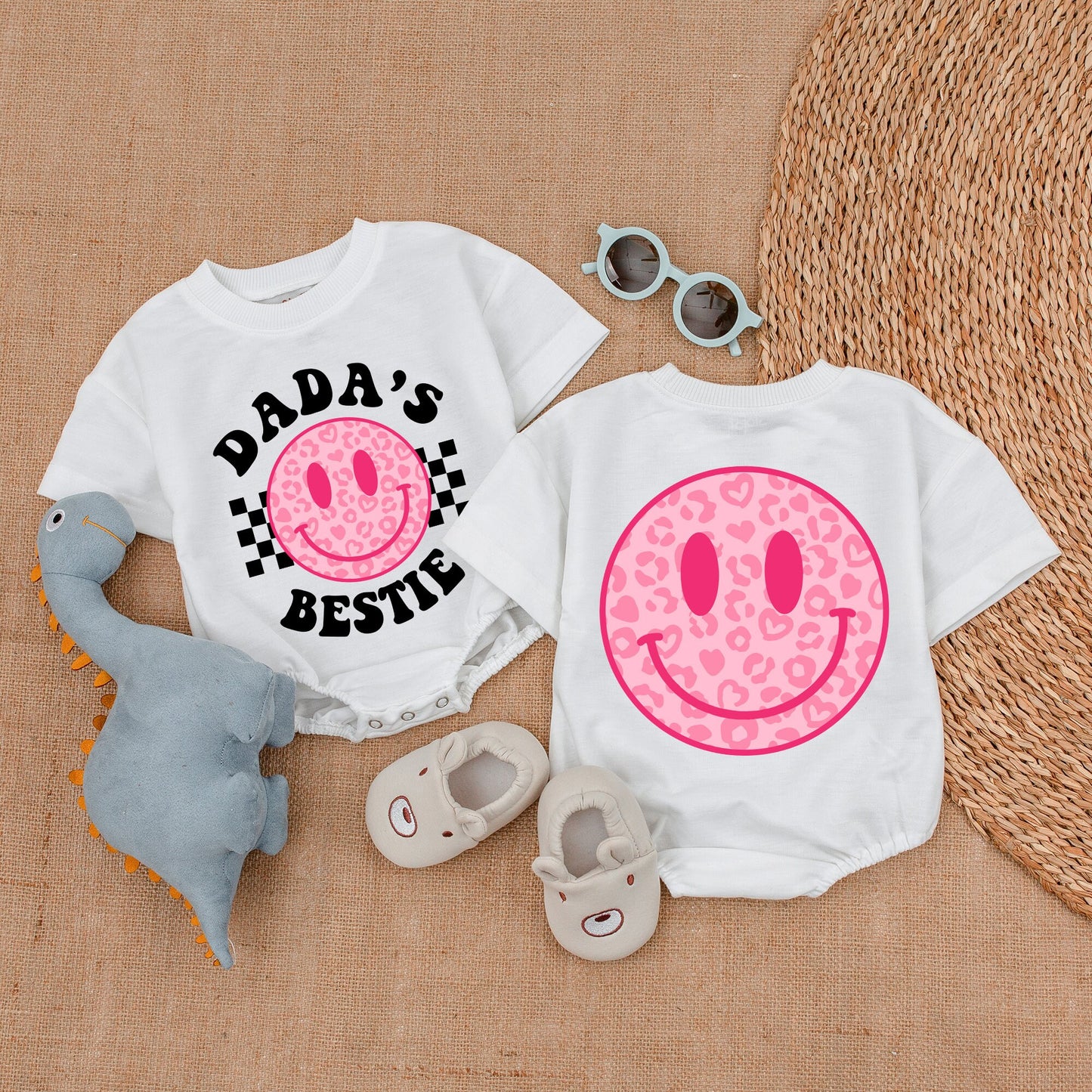 Dada's Bestie Baby Girl Romper with Pink Heart Smiley Face, Black Checkered Design, Daddy's Girl Outfit, Gift