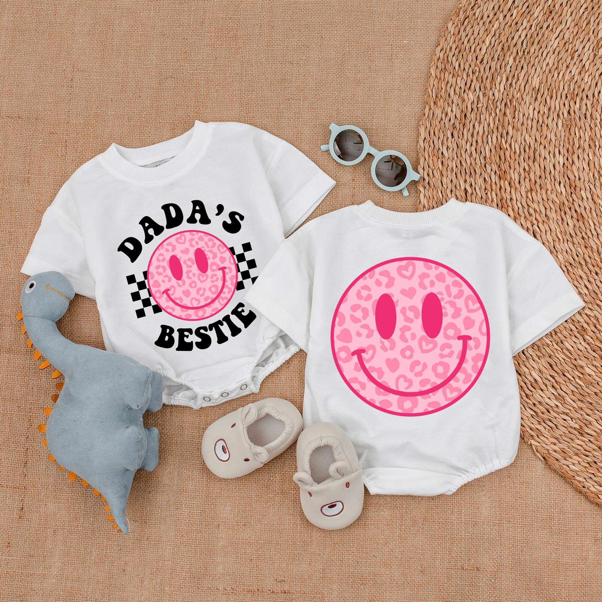 Dada's Bestie Baby Girl Romper with Pink Heart Smiley Face, Black Checkered Design, Daddy's Girl Outfit, Gift