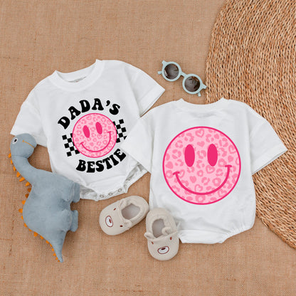 Dada's Bestie Baby Girl Romper with Pink Heart Smiley Face, Black Checkered Design, Daddy's Girl Outfit, Gift