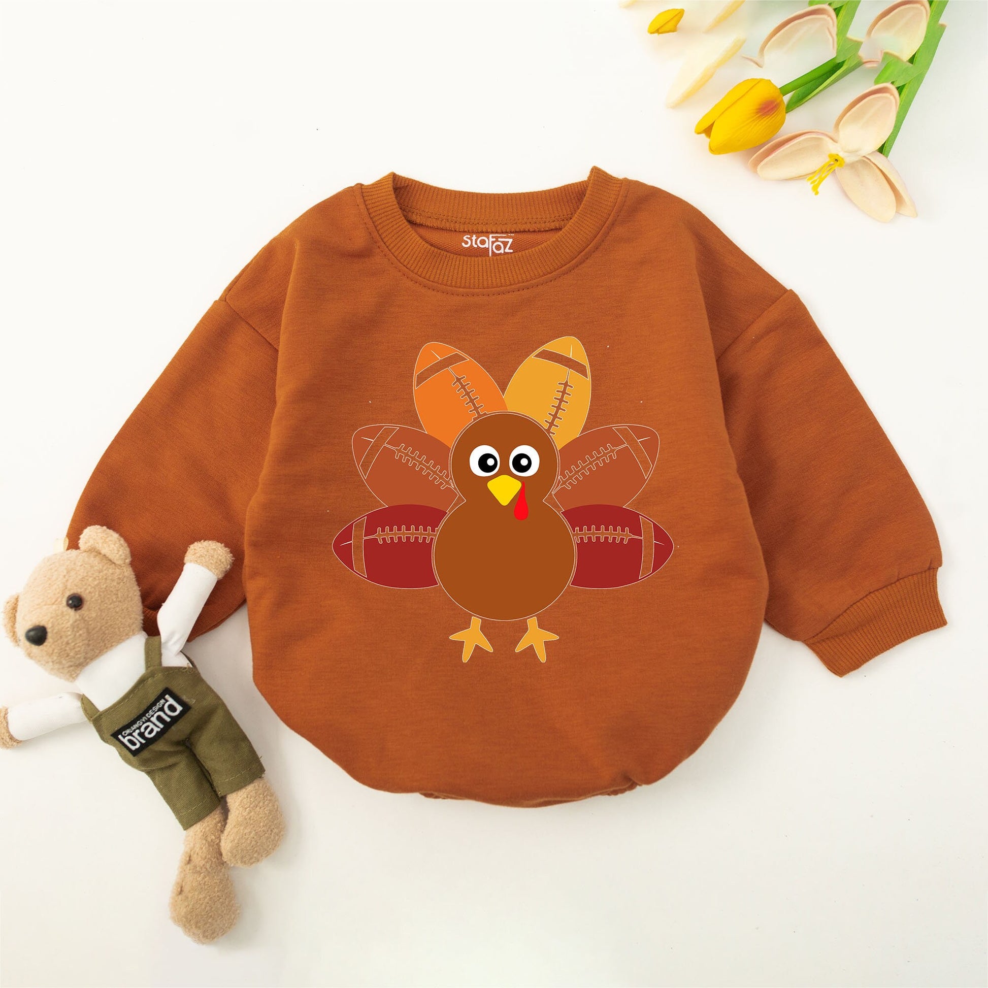 Football Turkey Baby Romper - First Thanksgiving & Fall Outfit  