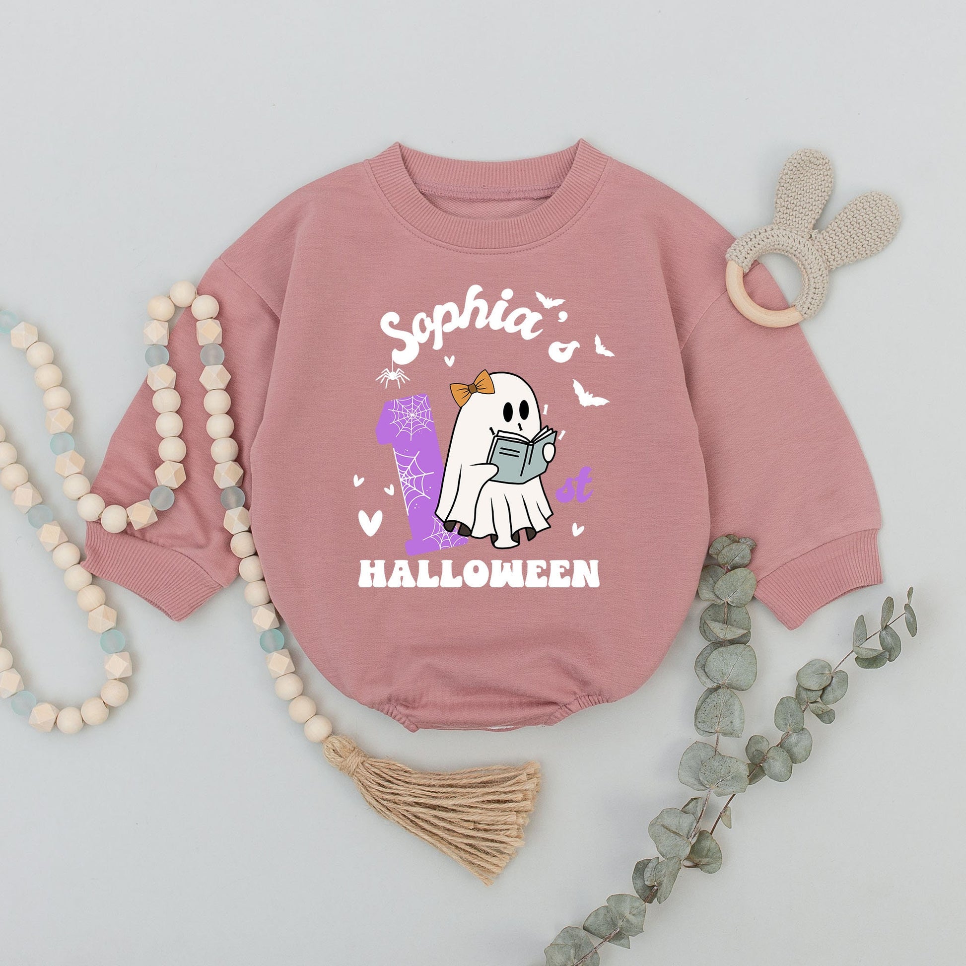 William Halloween Baby Romper with Ghost & Witch Hat, Personalized Custom Name Boo Bodysuit for Fall Outfits, Cute Infant & Toddler Gift