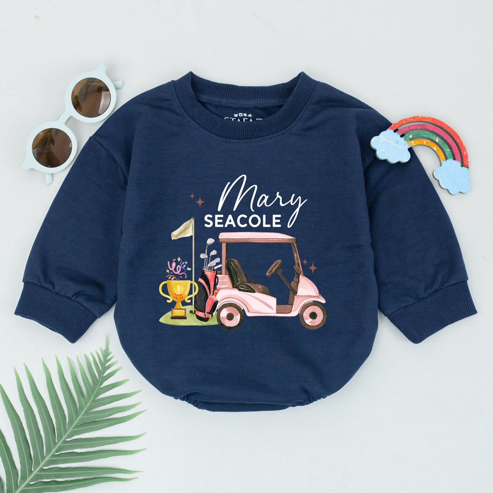 Future Golfer Baby Romper Personalized Pink Golf Cart Trophy Design Daddy's Little Caddy Outfit