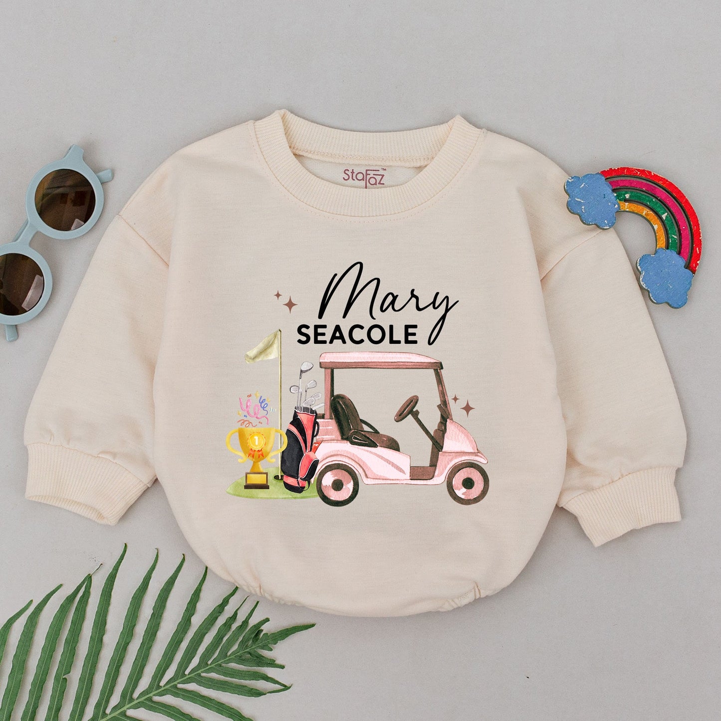 Future Golfer Baby Romper Personalized Pink Golf Cart Trophy Design Daddy's Little Caddy Outfit