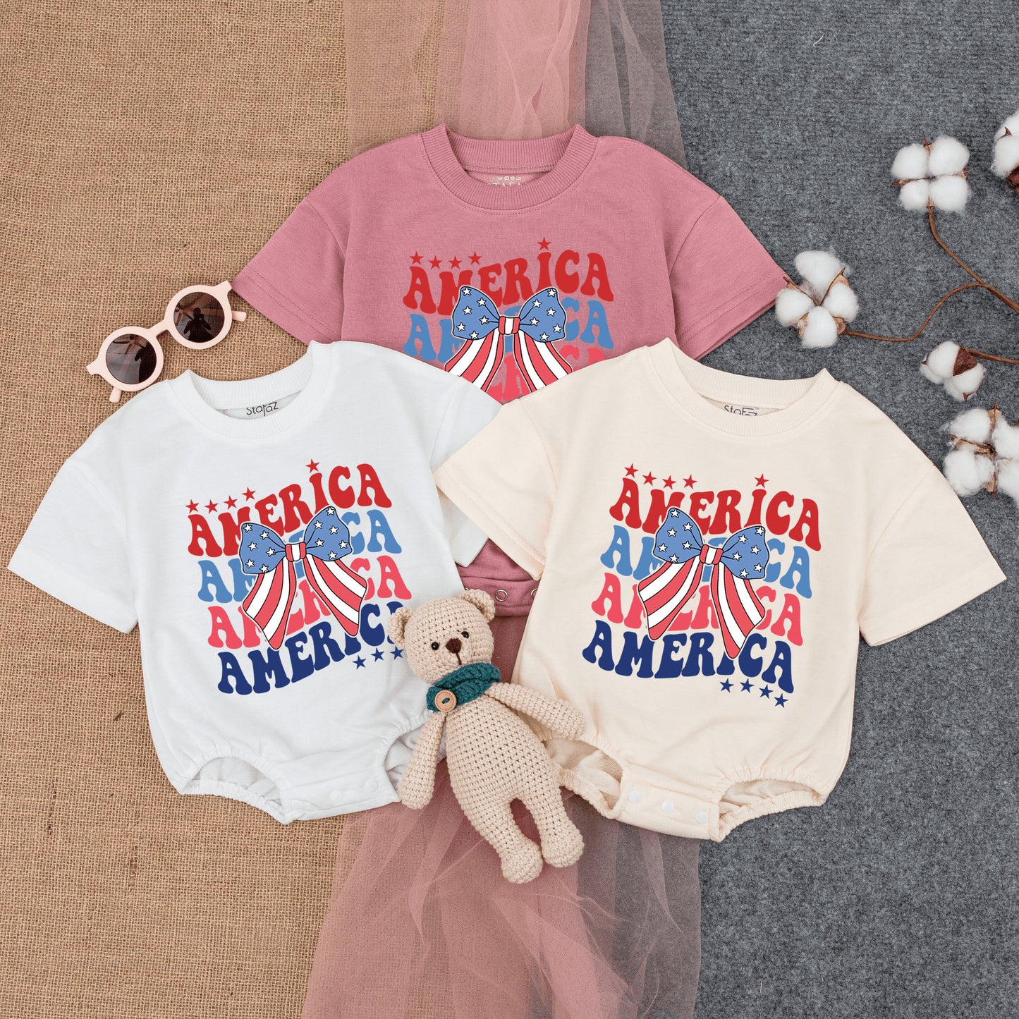 Cute Patriotic America Flag Bow Bubble Romper Short Sleeve Baby Outfit with Retro Design Vintage Stars Fourth of July American Baby Girl Clothes