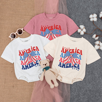 Cute Patriotic America Flag Bow Bubble Romper Short Sleeve Baby Outfit with Retro Design Vintage Stars Fourth of July American Baby Girl Clothes