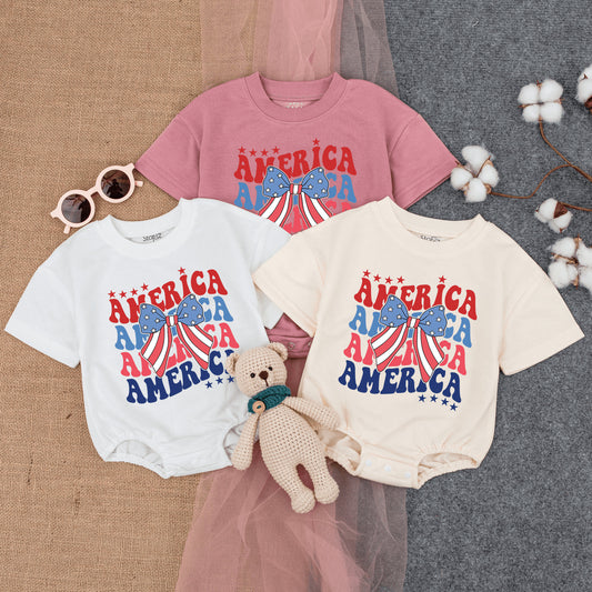 Cute Patriotic America Flag Bow Bubble Romper Short Sleeve Baby Outfit with Retro Design Vintage Stars Fourth of July American Baby Girl Clothes