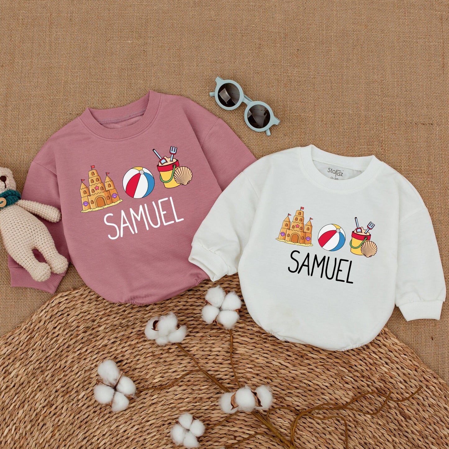 Personalized Retro Beach Bubble Romper Custom Sandcastle Baby Bodysuit Newborn Unisex Summer Vacation Outfit