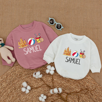 Personalized Retro Beach Bubble Romper Custom Sandcastle Baby Bodysuit Newborn Unisex Summer Vacation Outfit