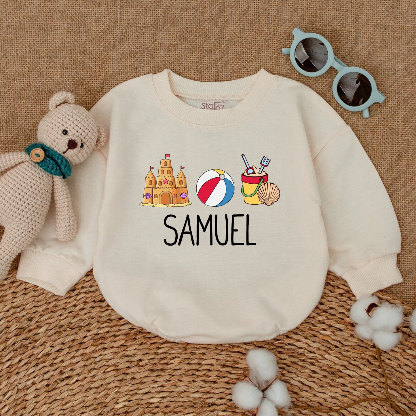 Personalized Retro Beach Bubble Romper Custom Sandcastle Baby Bodysuit Newborn Unisex Summer Vacation Outfit