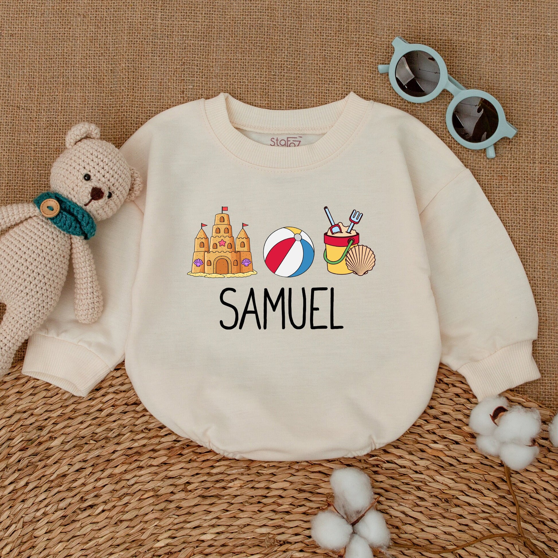 Personalized Retro Beach Bubble Romper Custom Sandcastle Baby Bodysuit Newborn Unisex Summer Vacation Outfit