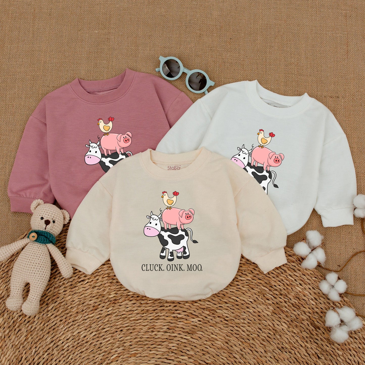 Cute Farm Animal Baby Romper | Cluck Oink Moo Barnyard Sounds Bubble Bodysuit | Western Baby Gift for Girl or Boy Announcement